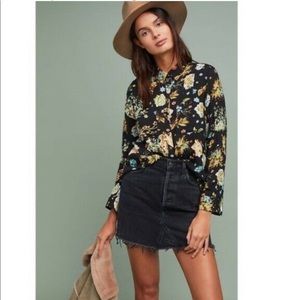 Anthropologie Maeve Black Floral Rabbit Print Button Down Blouse